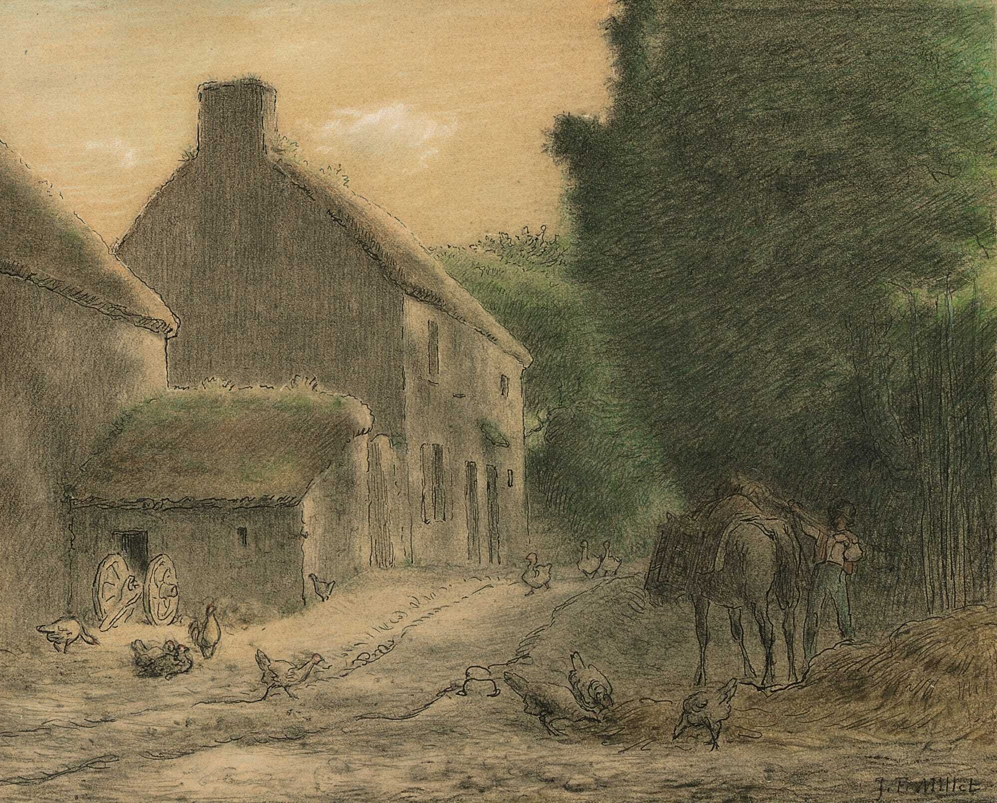 A sepia painting of a farmhouse with a horse and chickens