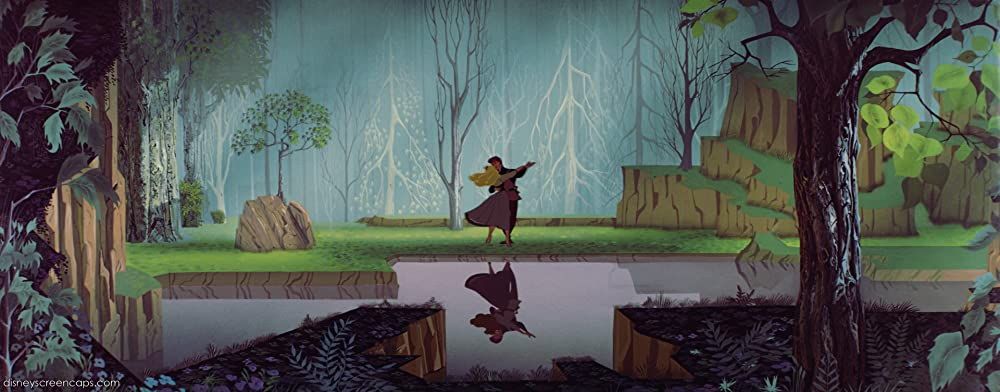 Aurora and Prince Phillip dancing in the forest, reflected in the lake