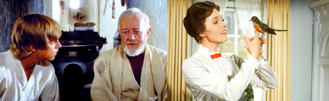 Obi-Wan Kenobi sitting with Luke Skywalker; Mary Poppins holding the bird