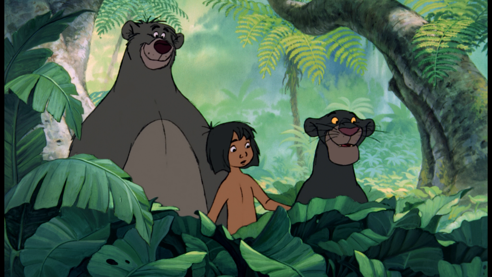 Mowgli, Baloo, and Bagheera smiling or curiously looking