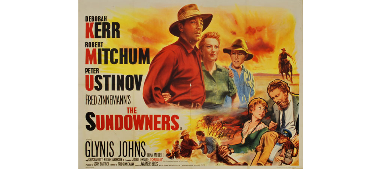 Movie poster for The Sundowners, starring Robert Mitchum, Deborah Kerr, Peter Ustinov, and Glynis Johns.