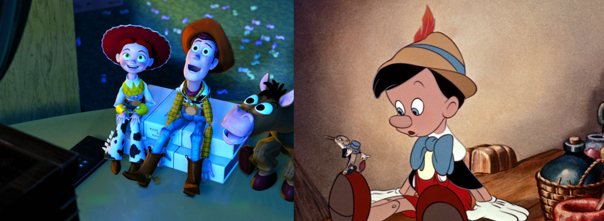 Woody watching the TV with Jesse and Bull's Eye; Pinocchio and Jiminy Cricket