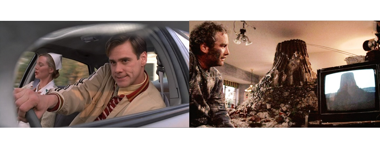 Truman driving a car; Dreyfuss in front of his mountain
