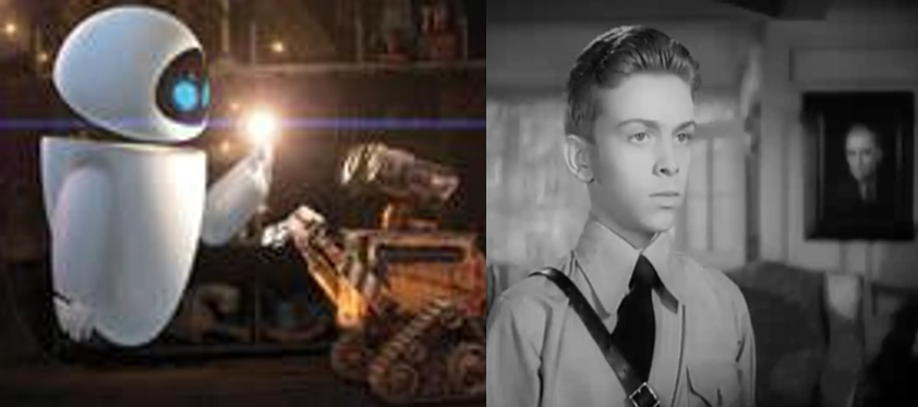 Eva and Wall-E with a lightbulb; Emil from Tomorrow, the World standing in front of his father's portrait